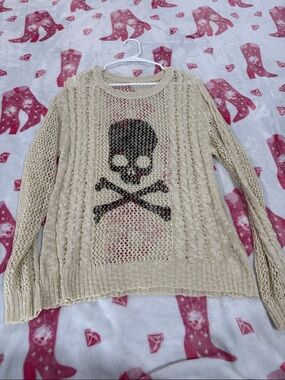 SHEIN Cream Open-Knit Sweater with Black Skull Graphic